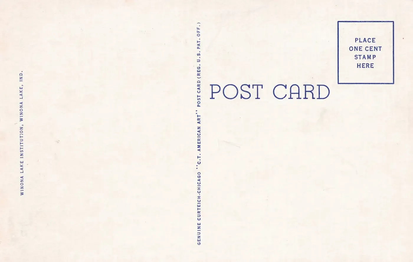 The unused address side of the Aeroplane View postcard, printed in blue with the Winona Lake Institution named as publisher