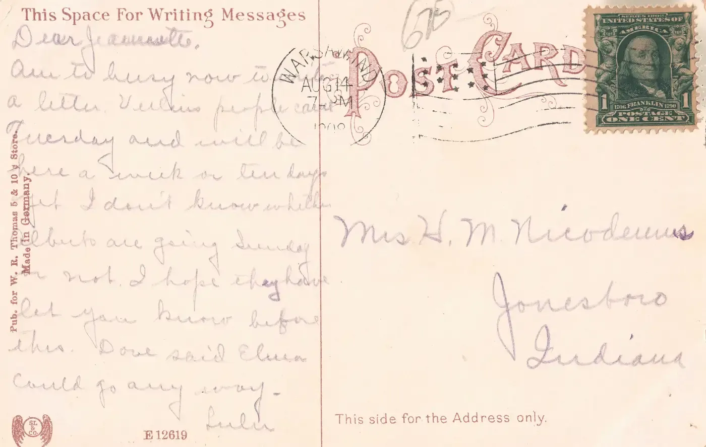 The address side of the canal postcard, with a pencil message on the left, a green one-cent Franklin stamp, and a Warsaw, Indiana postmark dated August 14, 1908