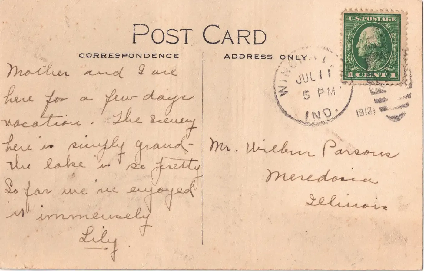 The address side of the Fair View postcard, with a pencil message from Lily, a green one-cent Washington stamp, and a Winona Lake, Indiana postmark dated July 11, 1912