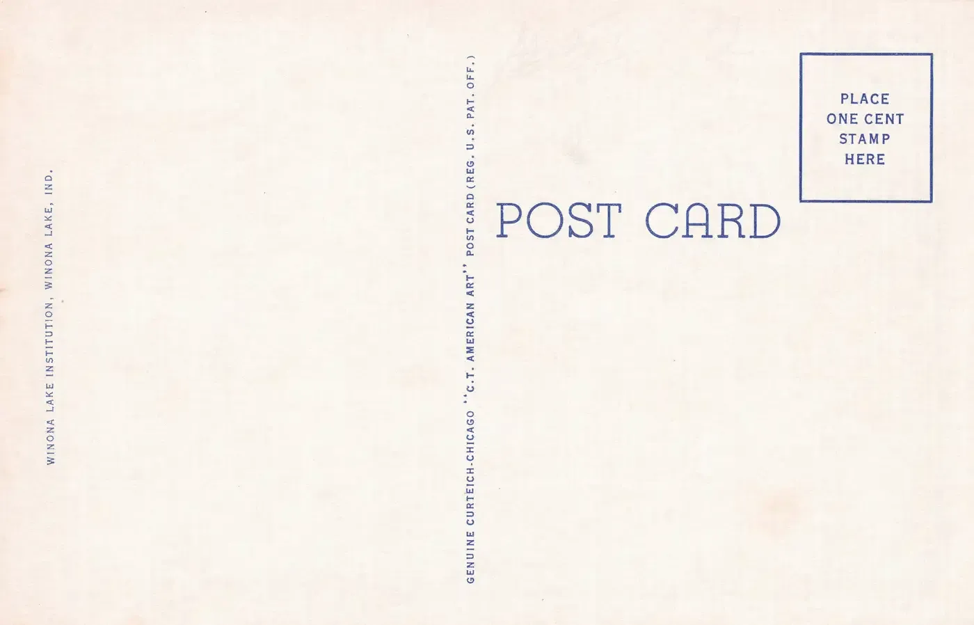 The unused address side of the Island View postcard, printed in blue with a Place One Cent Stamp Here box and the Curt Teich C.T. American Art imprint