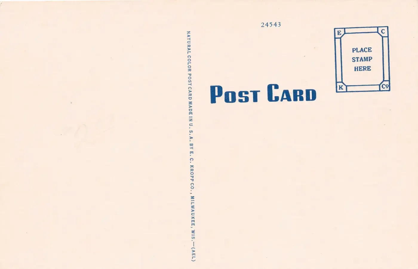 The unused address side of the Winona Hotel linen postcard, printed in blue with the E. C. Kropp imprint and a Place Stamp Here box
